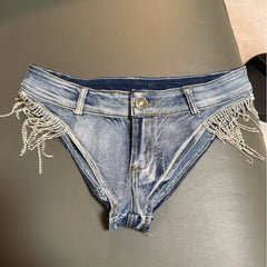 Triangle Stretch Jeans Ultra Shorts with Diamond Fringe